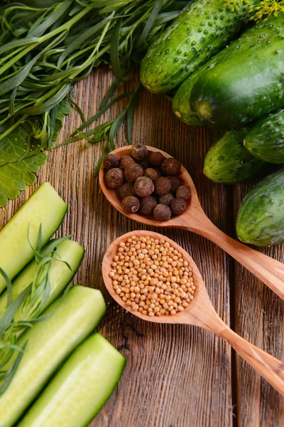 Frische Gurken und Gewürze — Stockfoto