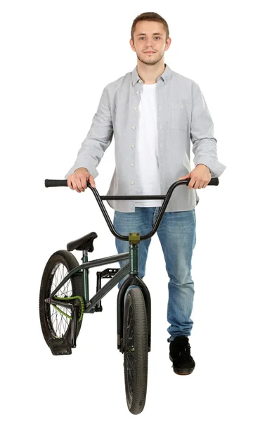 Ung pojke på bmx cykel isolerad på vit — Stockfoto