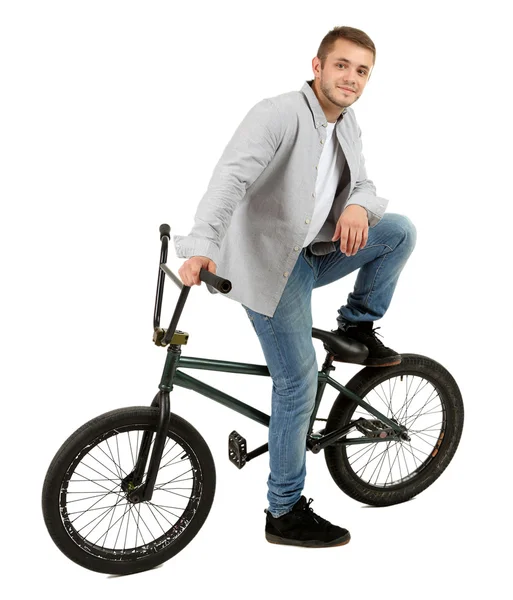 Ung pojke på bmx cykel isolerad på vit — Stockfoto