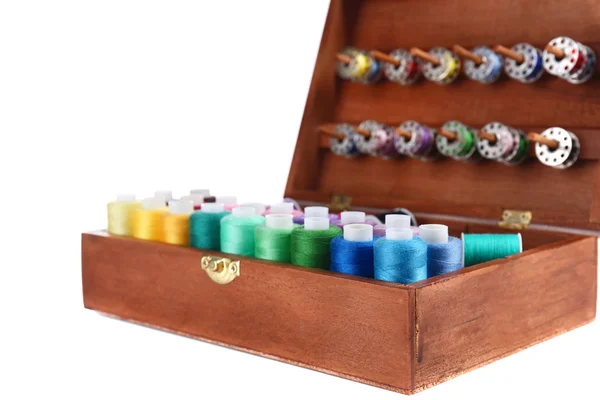 Threads for needlework in wooden box — Stock Photo, Image