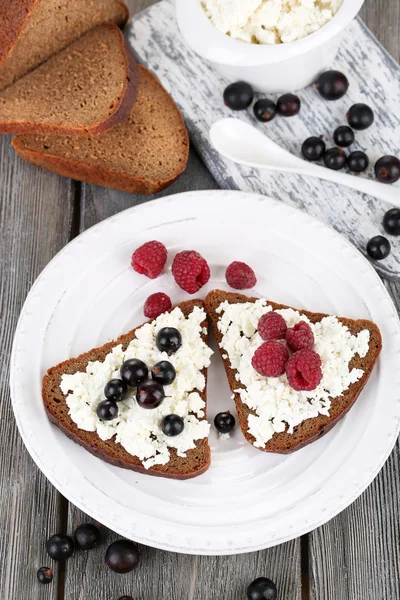 Bread with cottage cheese and berries — Stock Photo, Image