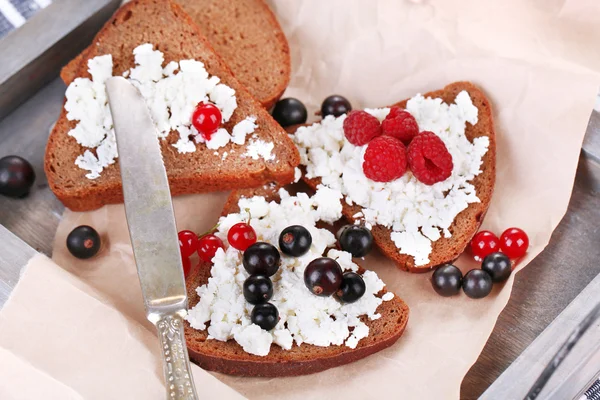 Bread with cottage cheese and berries — Stock Photo, Image