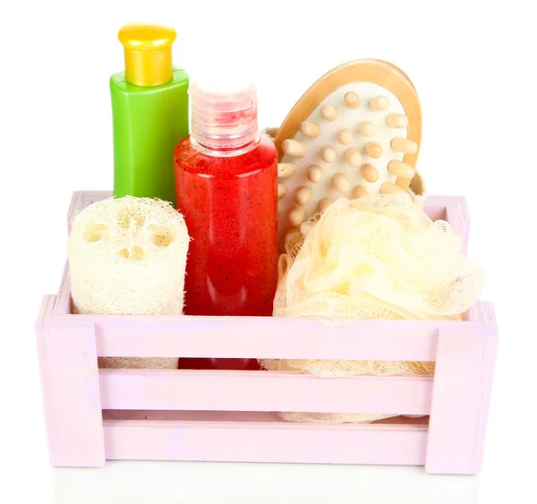 Caja de madera con productos cosméticos — Foto de Stock