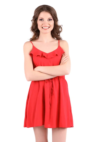 Mooi meisje in een rode jurk geïsoleerd op wit — Stockfoto