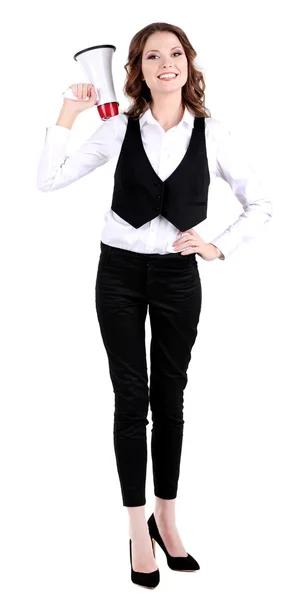 Молода ділова жінка з мегафоном ізольована на білому — стокове фото