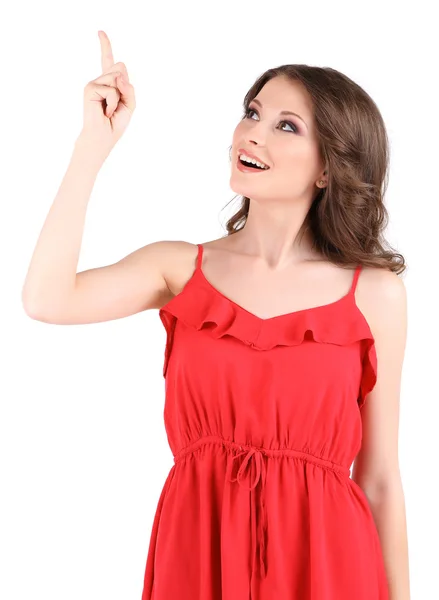 Beautiful young girl in red dress isolated on white — Stock Photo, Image