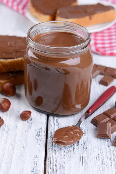 Sweet chocolate cream in jar — Stok Foto