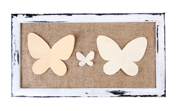 Cadre en bois avec papillons en papier — Photo