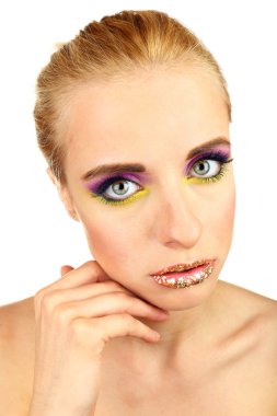 güzel bir kadın ile üzerine beyaz izole, parlak bir makyaj