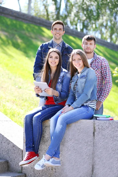 Šťastní studenti sedí v parku — Stock fotografie