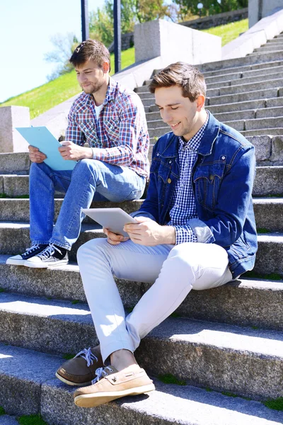 Étudiants assis sur les escaliers dans le parc — Photo