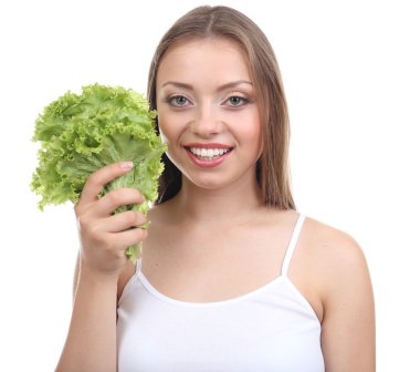 güzel bir kız ile üzerine beyaz izole taze marul