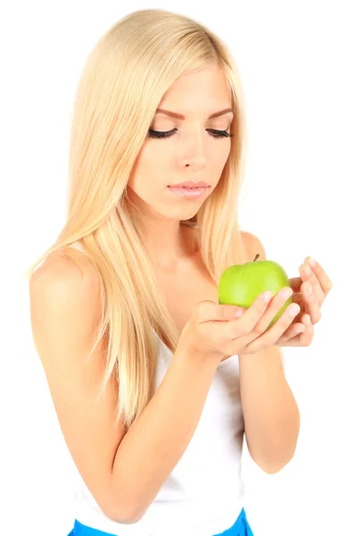 Joven hermosa mujer con manzana aislada en blanco — Foto de Stock