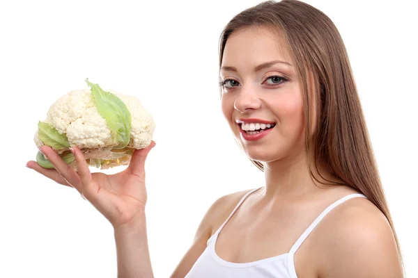 Beautiful girl with cabbage, isolated on white — Stock Photo, Image