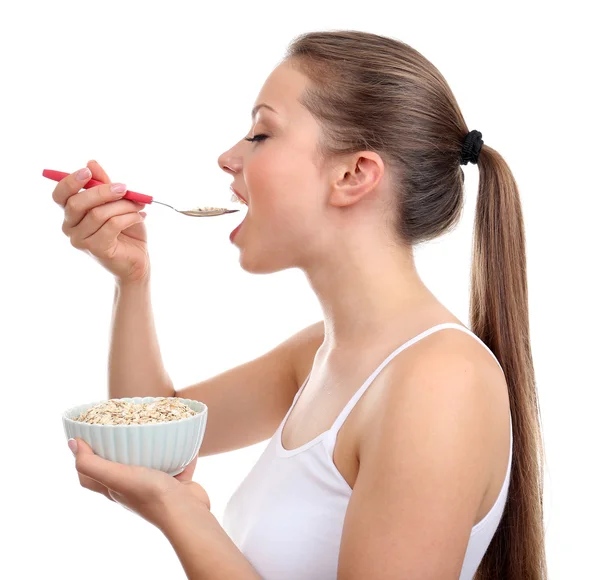 Schönes Mädchen mit gesundem Essen, isoliert auf weiß — Stockfoto
