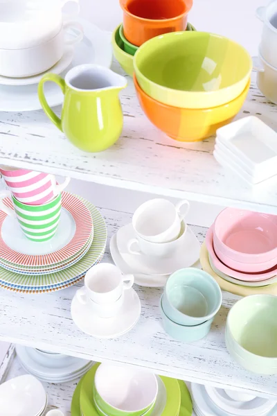 Different tableware on shelf, close up — Stock Photo, Image