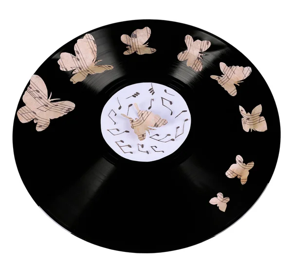 Antiguo disco de vinilo con mariposas de papel, aisladas en blanco — Foto de Stock