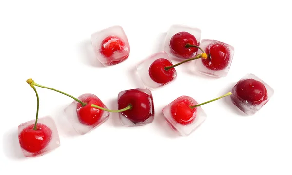 Cherry in ice cube isolated on white — Stock Photo, Image
