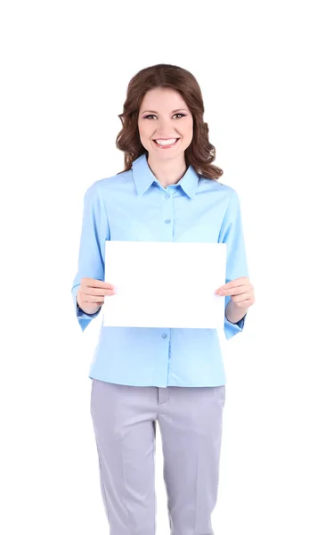 Giovane donna d'affari con carta vuota isolata su bianco — Foto Stock