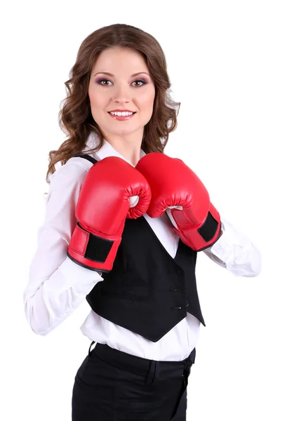 Jeune belle femme d'affaires avec des gants de boxe isolés sur blanc — Photo