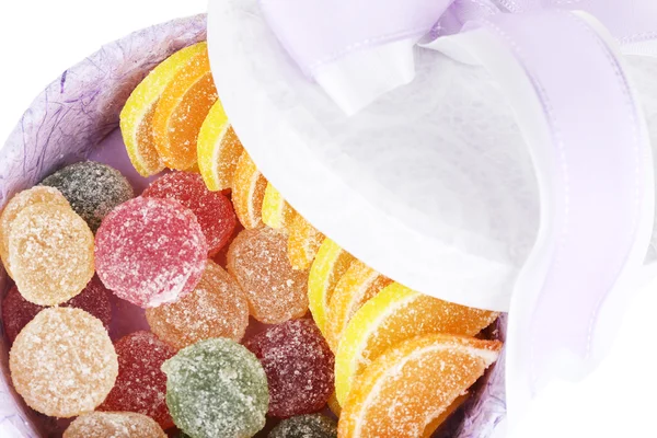 Testy jelly candies in present box close up — Stock Photo, Image