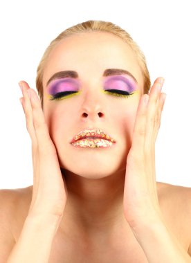 güzel bir kadın ile üzerine beyaz izole, parlak bir makyaj