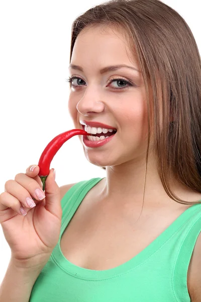 Beautiful girl with chili pepper, isolated on white — Stock Photo, Image