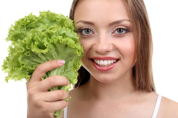 Hermosa chica con lechuga fresca, aislada en blanco — Foto de Stock