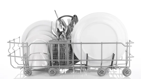 Nettoyer la vaisselle séchant sur porte-plats en métal, isolé sur blanc — Photo