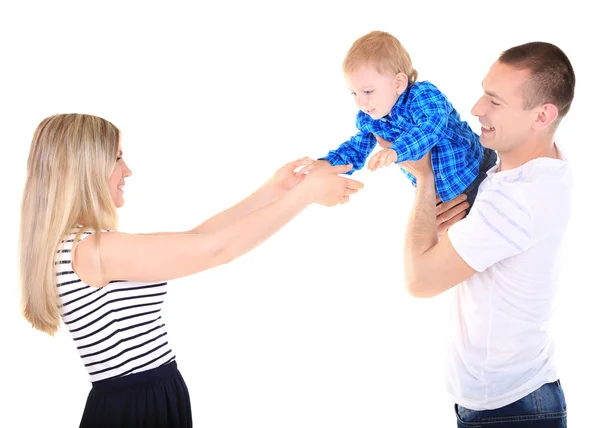 Happy young couple with small baby isolated on white — Stock Photo, Image