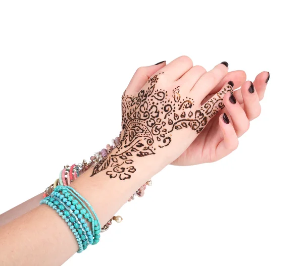Hands painted with henna, isolated on white — Stock Photo, Image