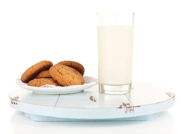 Milk and cookies on wooden tray isolated on white — Stock Photo, Image