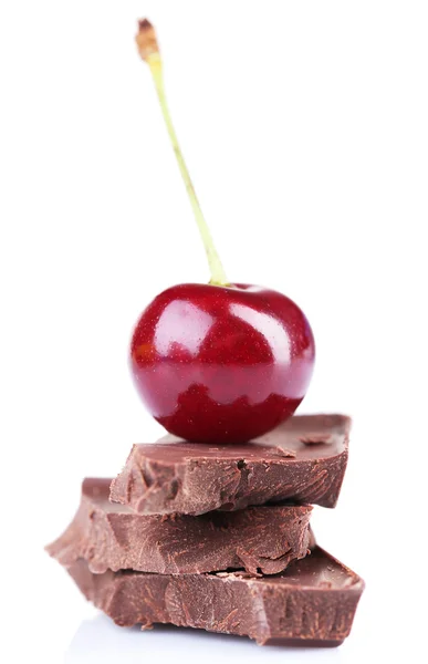 Cherry and chopped chocolate isolated on white — Stock Photo, Image