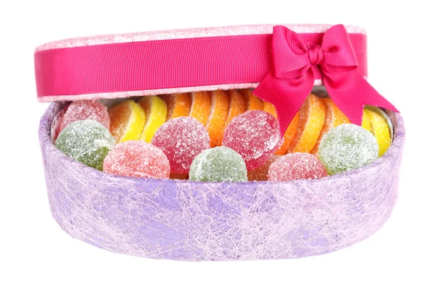Caramelos de gelatina irritable en caja actual aislado en blanco —  Fotos de Stock