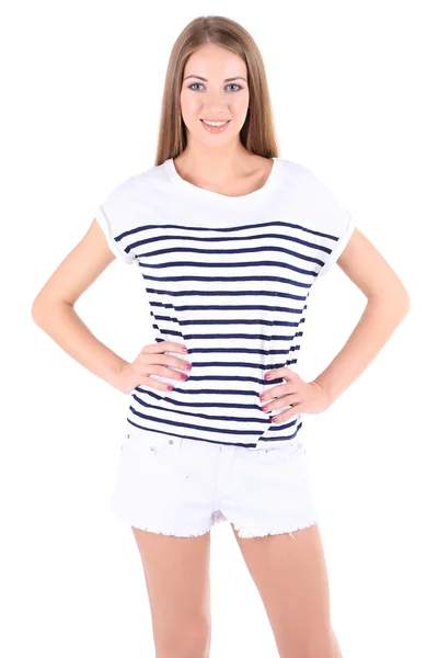 Beautiful young girl shorts and t-shirt isolated on white — Stock Photo, Image