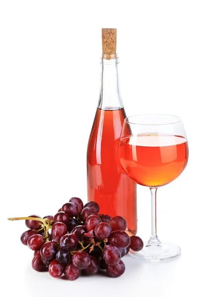 Ripe grapes, wine glass and bottle of wine isolated on white — Stock Photo, Image