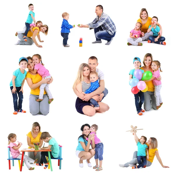 Set photos of happy families isolated on white — Stock Photo, Image