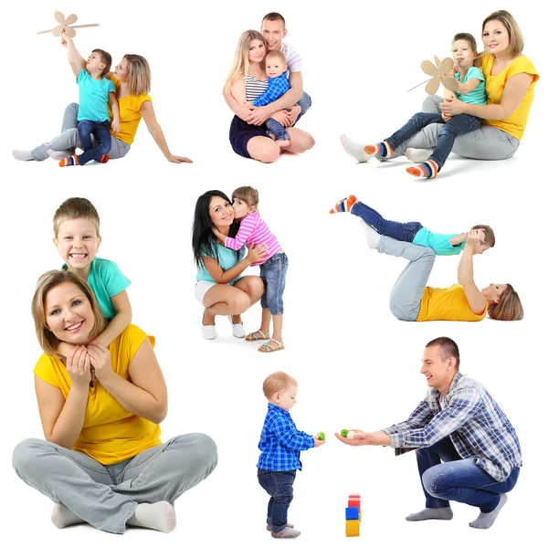 Set photos of happy families isolated on white — Stock Photo, Image