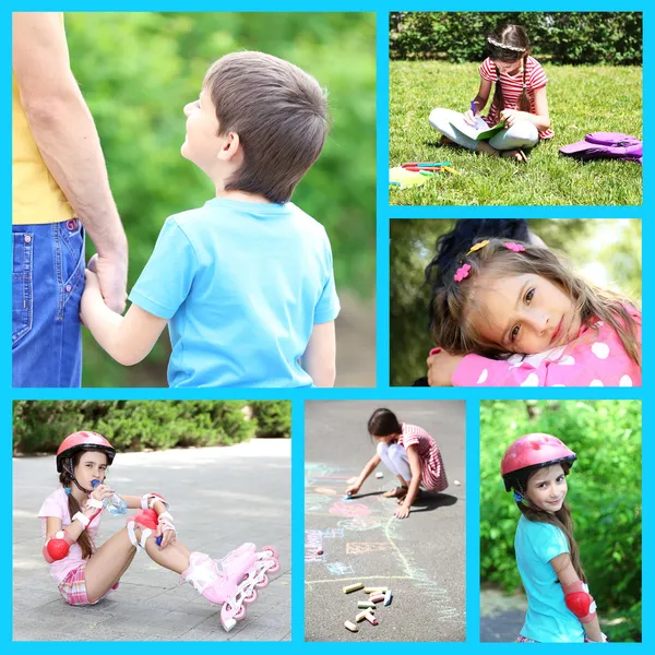 Collage van foto met kinderen spelen buiten — Stockfoto