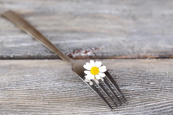Tenedor con flor de margarita, sobre fondo de madera —  Fotos de Stock