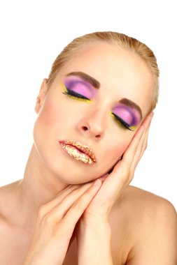 güzel bir kadın ile üzerine beyaz izole, parlak bir makyaj