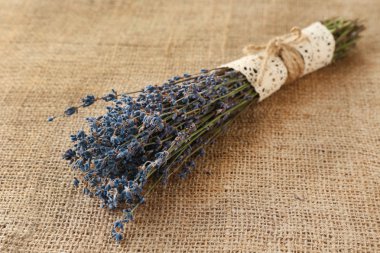 Lavanta çiçekleri çul zemin üzerine