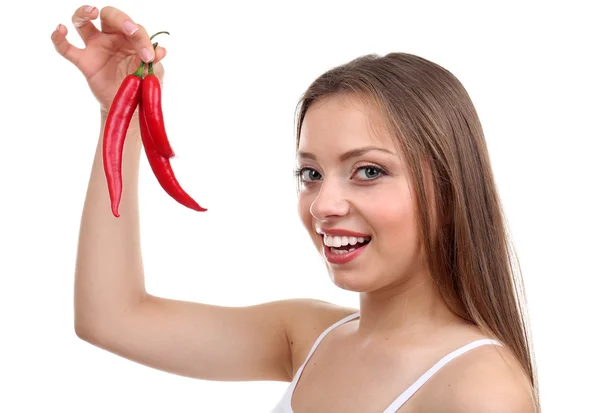 Gyönyörű lány, chili paprika, elszigetelt fehér — Stock Fotó