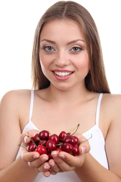 Mooi meisje met cherry, geïsoleerd op wit — Stockfoto