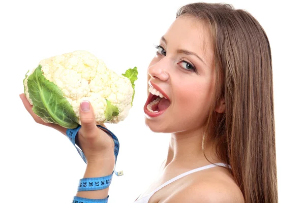 Beautiful girl with cabbage and measuring tape, isolated on white — Stock Photo, Image