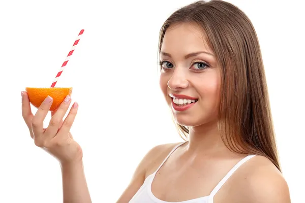 Menina bonita com suco, isolado em branco — Fotografia de Stock