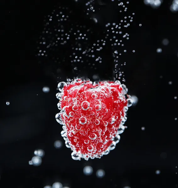 Framboesa bonita na água com bolhas, no fundo preto — Fotografia de Stock