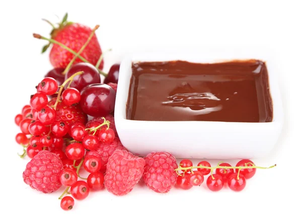 熟した甘い果実、液体チョコレート、白で隔離 — ストック写真