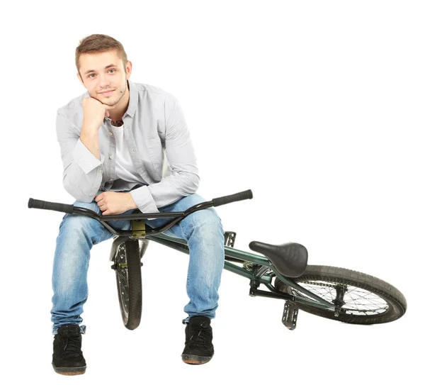 Młody chłopiec na rowerze bmx na białym tle — Zdjęcie stockowe