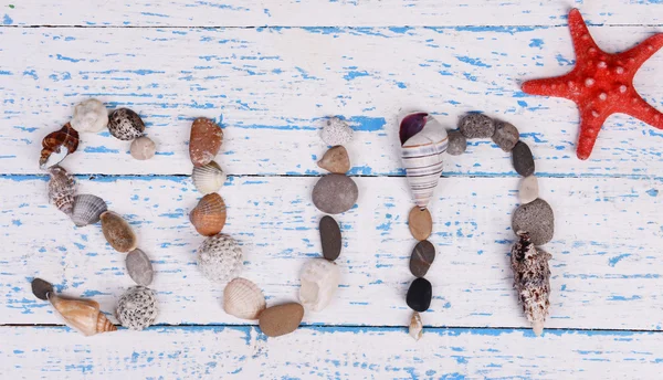 Palabra sol hecha de conchas de mar y piedras sobre fondo de madera —  Fotos de Stock